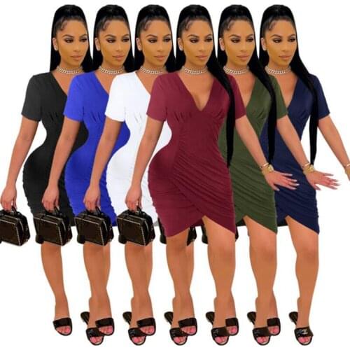 ZKYZWX Sexy Short Sleeve Bodycon Dress Deep V Birthday Party Outfits for Women Summer Clothes Draped Night Club Mini Dresses