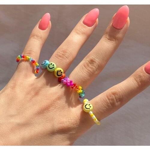 90s Aesthetic Rainbow Bead Smiley Rings For Women Y2K Jewelry Vintage Harajuku Punk Charms New INS Rings Fashion Friends Gifts