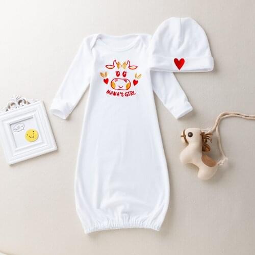 Newborn Unisex Baby Cotton Embroidered Sleeper Gown Cap 2PCS Long Sleeve Nightgown