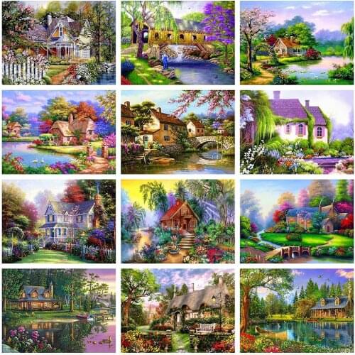 5D DIY Round Diamond Painting House Scenery Full Square Diamond Embroidery Cross Stitch Mosaic Full Layout Crafts Home Decor
