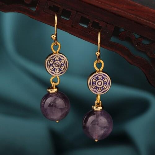 Summer Vintage Delicate Purple Crystal cloisonne small Drop earrings Ethnic cloisonne Chinese style Jewelry for women