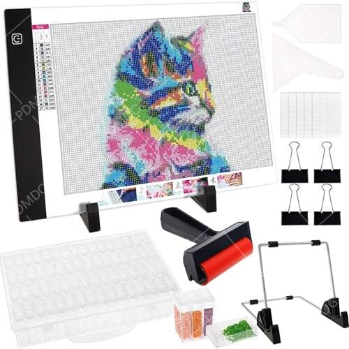 A4 LED Light Pad for Diamond Painting Kit, Include 64pcs Diamond Painting Boxes, Stand Holder, Clips, Diamond Painting Roller