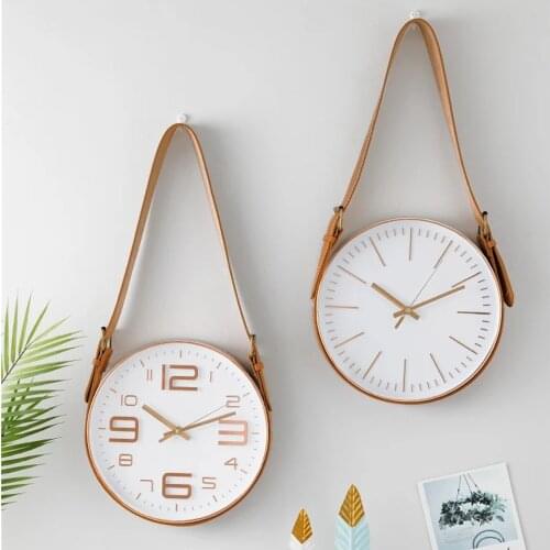 Round Dial Silent Wall Clock with Hanging Pu Leather Belt Nordic Crystal Glass Home Study Office Background Decorative Clocks