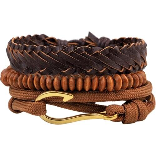 New Fashion Multilayer Leather Anchor Bracelet Charm Men Braided Rope Paracord Bangle Dainty Beads Rudder Wristband Jewelry Gift