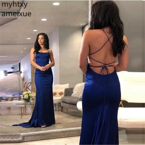 Royal Blue Mermaid Evening Dresses Spaghetti Straps Long Formal Party Gowns Sweep Train Elastic Satin Backless Robe De Soiree