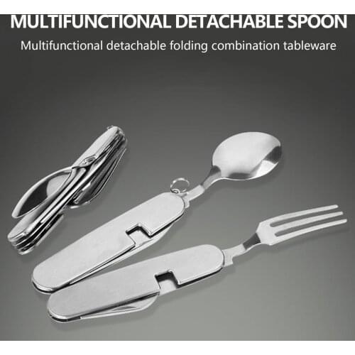 Portable 4 in 1 Outdoor Camping Tableware Folding Spoon Fork Knife Opener Pocket Sets for Hiking Travel Survival Stainless Steel