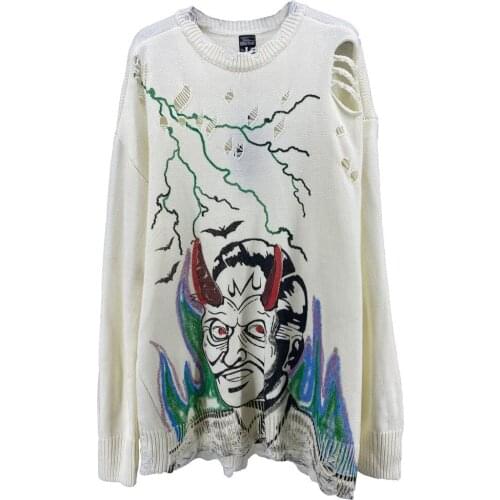 Pull Femme High Street Hip-hop Ghost Jacquard Pullover Sweater Women Men Causal Long Sleeve Hole Knitted Tops Cotton Polyester