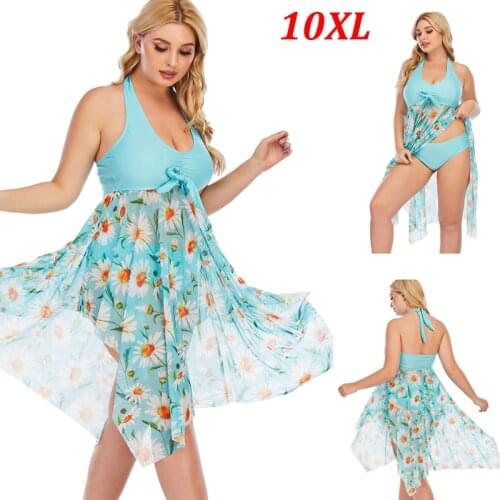 Plus Size 10XL Swimsuit Tankini Set Swimwear Women Swim Flower Print Large Big Breasts Halter Bathing Suit Beachwear Swimdress