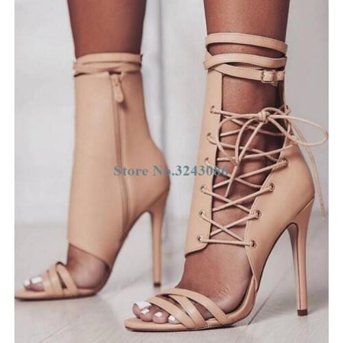 Apricot Leather Side Cross Tie Thin High Heel Sandals Casual Gladiator Ankle Strap Stiletto Heel Sandals New Women Sandal Boots