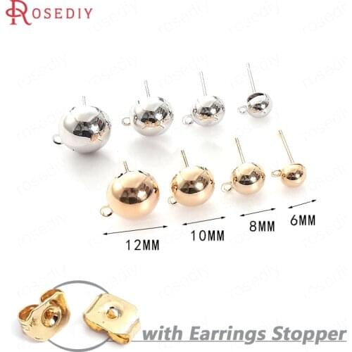 10PCS 6MM 8MM 10MM 12MM 24K Gold Color Brass Half Ball Stud Earrings Pin High Quality Diy Jewelry Earrings Findings Accessories