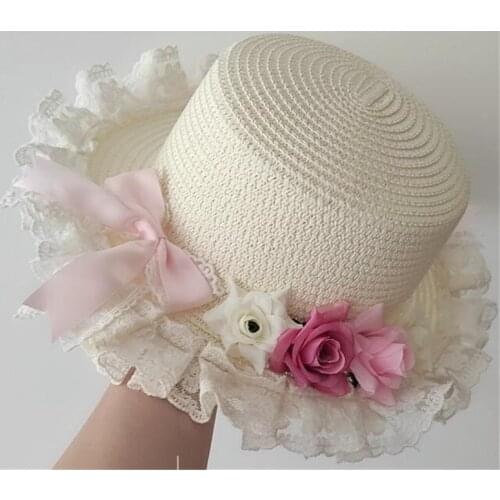 Lolita Tea Party Pink Rose Lace Bow Summer Straw Hats Womens Beach Sun Hat Girl Princess Cap D250