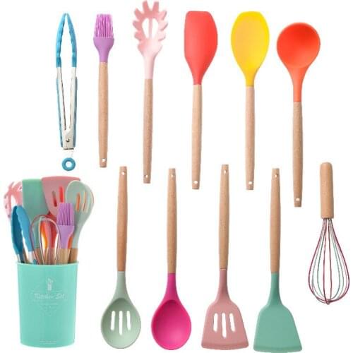 11 Pc/Set Silicone Wood Handle Accessories Baking Cooking Tools Scraper Beater Food Clip Spoon Kitchen Utensils