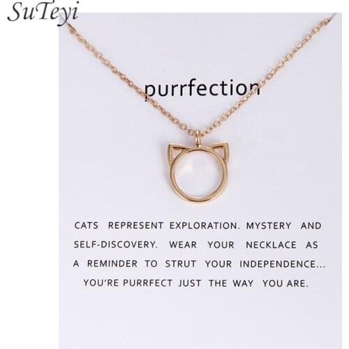 SUTEYI Fashion Animal With Card Necklace Gold Color Purrfection Cat Ear Pendant Long Chain Necklaces for Women Gift Jewelry