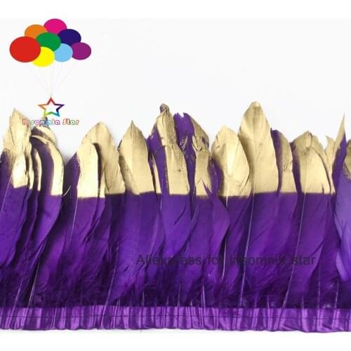 Deep purple accessories hair feathers 2 Meter Goose fringe paint gold tips Feathers Trims with Satin Ribbon Tape center dress