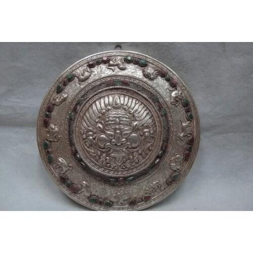 Tibet Copper Silver inlay Ruby beryl Zodiac Garuda Bird Tan Cheng Mandala Plaque