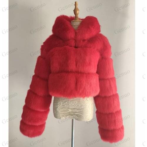 High Quality Furry Cropped Faux Fur Coats And Jackets Women Fluffy Top Coat With Hooded Winter Fur Jacket Manteau Femme