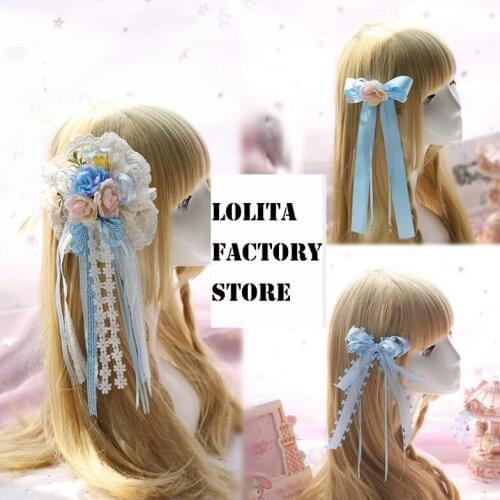Lolita Sweet Blue Tie Headdress Korean Princess Chengdu Lace Bow Hairpin KC Hairpin Soft Girl Flower Ball