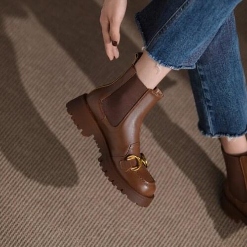 2021 winter Genuine Leather Women Boots Slip-on Ankle Boots Round Toe Platform Shoes Women Shoes Modern Shoes