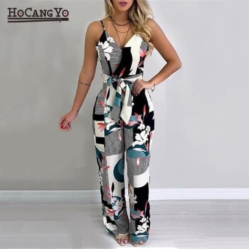 Summer Women Fashion Boho Jumpsuits Floral Print Backless Overalls for Women Casual Jumpsuit Plus Size Pants Rompers with Sashes