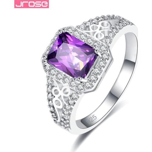 JROSE Vintage Wedding Rings For Women Jewelry Silver Color Purple Square Cubic Zircon Engagement Anillos Mujer Size 6 7 8 9