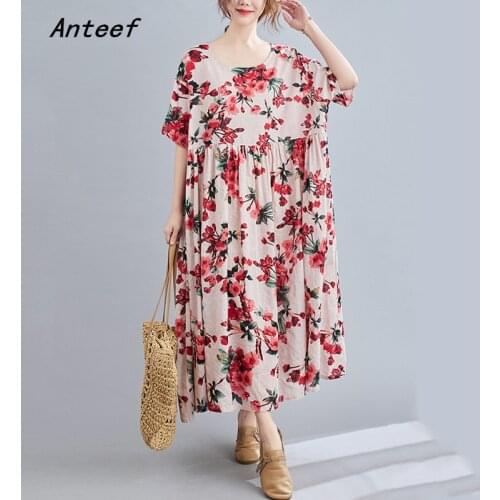 Short sleeve plus size cotton vintage floral dresses for women casual loose long summer sun dress elegant clothes 2021 sundress