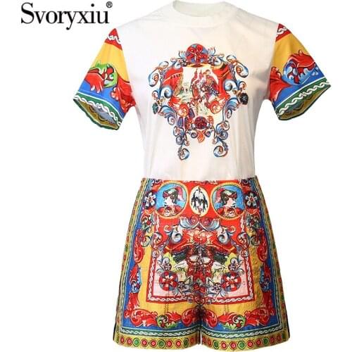 Svoryxiu Runway Designer Summer Two Piece Set Womens Fashion White Short Sleeve Tops+ Warrior Print Shorts Suit
