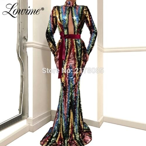 Shiny Sequined Evening Dress Mermaid With Long Sleeves Women Formal Party Gowns Prom Dress Robe de Soiree 2019 Middle East Gown