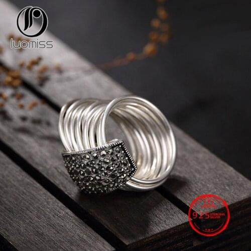 100% S925 Sterling Silver Rings for Women Pave Setting Black Marcasite Blink Ring 2018 Fashion Design Jewelry