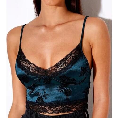 Women Cropped Bustier Clothes Sexy Lace Jacquard Velvet Camisole Thin Spaghetti Straps Bodycon Slim Camis Tank Crop Top