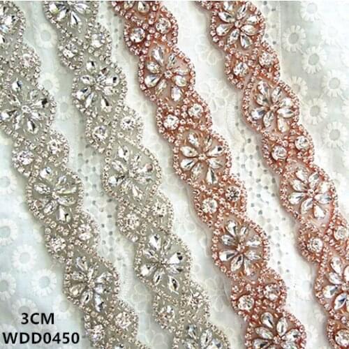 10 YARDS)Wholesale handmaded beaded bridal rose gold crystal rhinestone applique trim iron on for wedding dress sash WDD0450