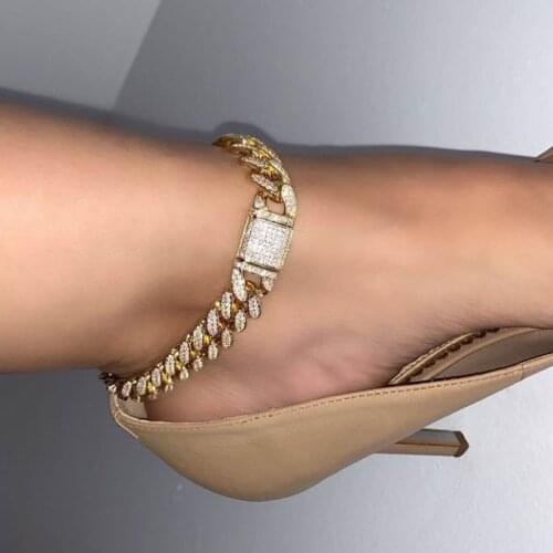 2021 Hot New 12mm Silver Color 5A Cubic Zirconia Bling CZ Iced Out Miami Cuban Link Chain Hip Hhop Leg Chain Cuban Anklets