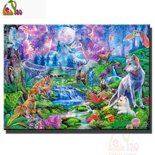 Fantasy Wolf Howl diy 5d diamond painting full Square Round drill diamond embroidery Elks,Rabbit Mosaic Stream Forest