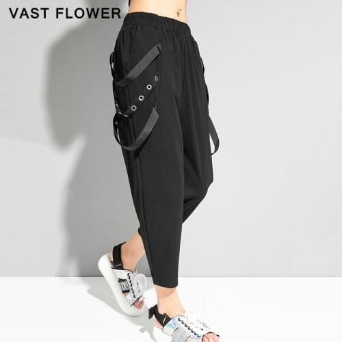 Black Ribbon Spliced High Waist Harem Pants Women 2021 Summer New Pocket Casual Loose Fit Trousers Fashion Streetwear