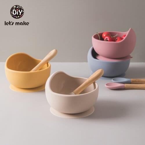 Lets Make Childrens Tableware Silicone Baby Feeding Bowl Set Spoon Easy To Clean Soft Pink Food Plate Bamboo Dishes For Games