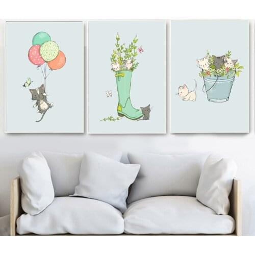 Canvas Painting Cat Balloon Shoe Bucket Animal Wall Art Nordic Posters And Prints Pictures Modern For Baby Boy Girl Room Decor