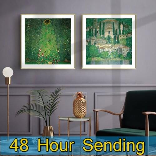 Canvas Abstract Famous Oil Painting Gustav Klimt Sunflower Idyllic Green Landscape Classical Living Room Decoration Wall Picture