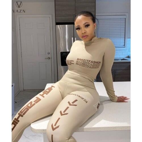 VAZN 2021 Autumn High-end Solid Young High Waist Sexy Simple Tracksuits Full Sleeve Group Long Pants Slim Women 2 Piece Set