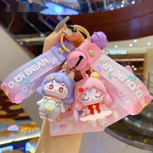 New PVC Cartoon Little Girl Keychain Pink Purple Bell Trinket Car Key Ring Schoolbag Pendant Soft Rubber Doll Gift Supply