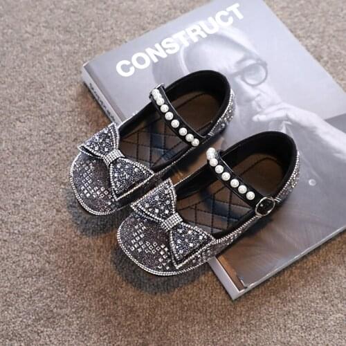 Princess Autumn Elegant Leather Shoes 2021 Student Party Fashion Rhinestone Bow Kids Black ChildrenS Flats Little Girl Shoes 9
