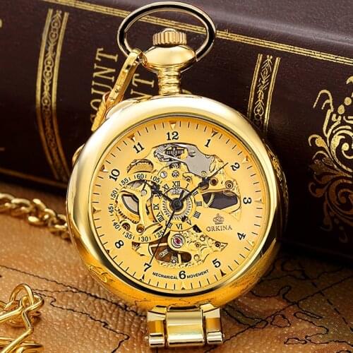 Luxury Golden Mechanical Pocket Watches Unique Hollow Steampunk Hand-winding Mechanical Fob Watch Flip Necklace Clock With Chain