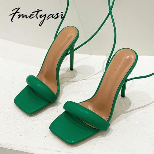 2021 New Ankle Strap Green Womens High Heels Sandals Square toe Female Party Thin Heels Summer Buckle Super High Sandals Women