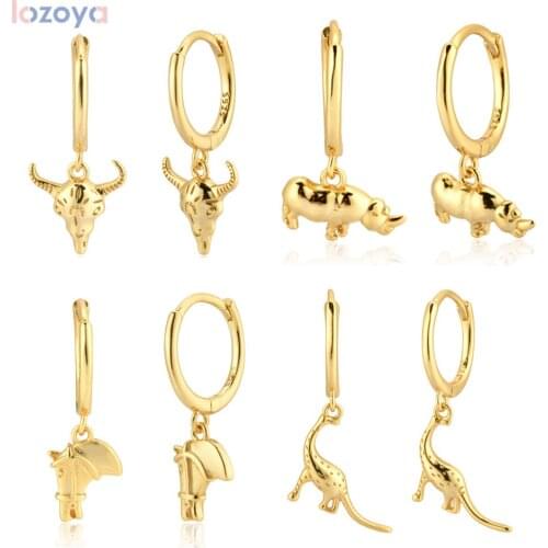 Lozoya 925 Sterling Fine Jewelry Circle PIercing Silver 8.5mm Animal Rhinoceros Collection Drop Earring Fashion Pendiente
