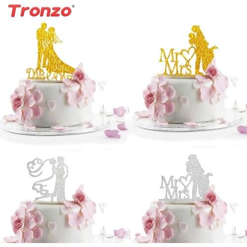 Tronzo Wedding Cake Topper Bride And Groom Glitter Gold Mr & Mrs Toppers Wedding Decoration Acrylic Wedding Cake Toppers