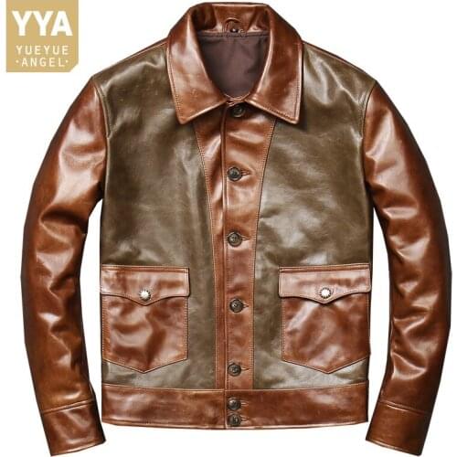 Vintage Mixed Colors Motorcycle Jacket Men Oil Wax Cowhide British Style Slim Fit Outerwear Cowboy Genuine Leather Bikers Coat