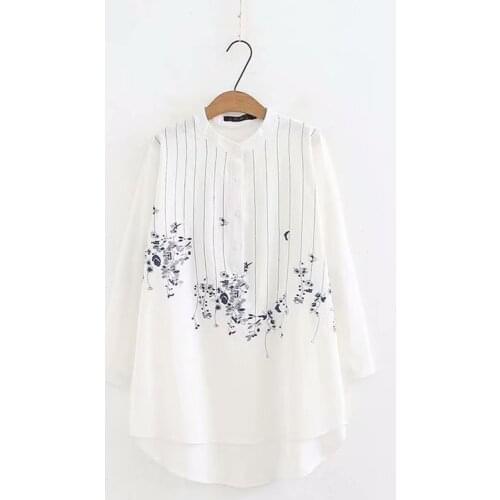 Plus size mandarin collar long sleeve blouses women 2019 Embroidered red & white & dark blue shirt Spring & autumn ladies tops