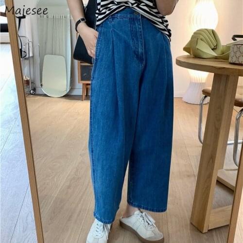 Wide Leg Jeans Women Blue Summer Loose Ankle-length High Waist Washed Students Casual All-match Pockets Trousers Bottoms Baggy