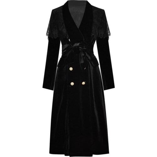 Newest HIGH QUALITY Fashion 2021 Fall Runway Coat Womens Lace Cloak Stitching Suit Lapel Long Sleeve Velvet Coat
