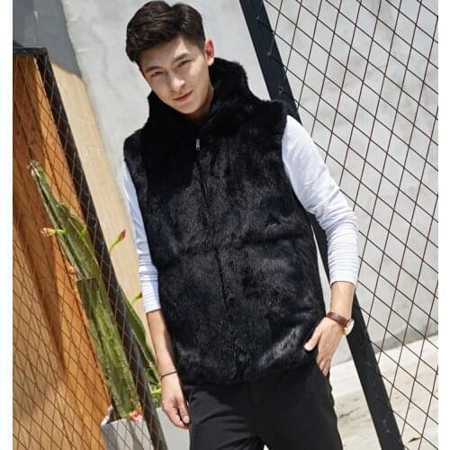 New Real Genuine Natural Rabbit Fur Vest With Hood Men Fashion Jacket Outwear Overcoat Custom Any Size Free Shipping F223