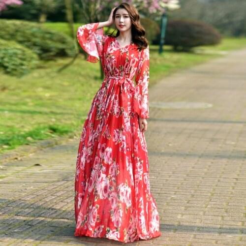 2020 Vibrant Red Butterflies Maxi Dress Plus Size Summer Casual Bohemian Chiffon Beach Holiday Bangkok Dress woman clothes