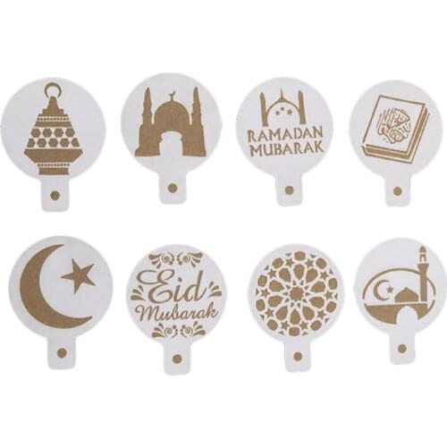 NEW 8pcs/set PET Mosque Eid Mubarak Ramadan Design Coffee Stencils,laser cut cookie Biscuits fondant cake mold Ramadan supplies